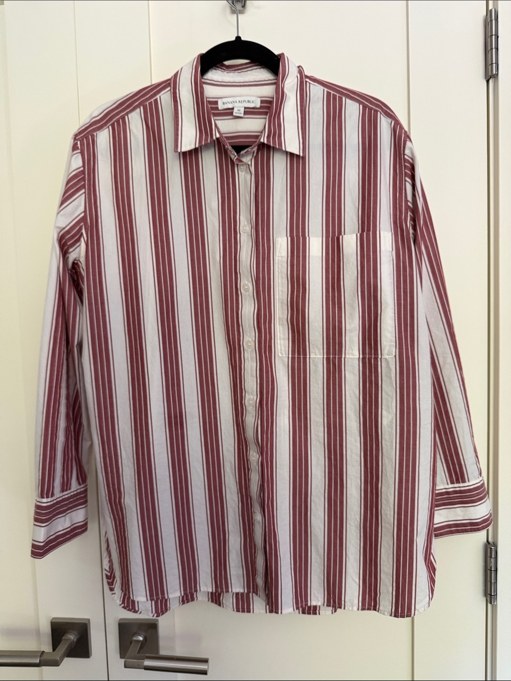 Banana Republic White and burgundy red Vertical Stripe Button-Down Shirt